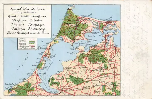 AK Wanderkarte Fischland Darß Zingst Ostsee Ribnitz Mecklenburg-Vorpommern 1936