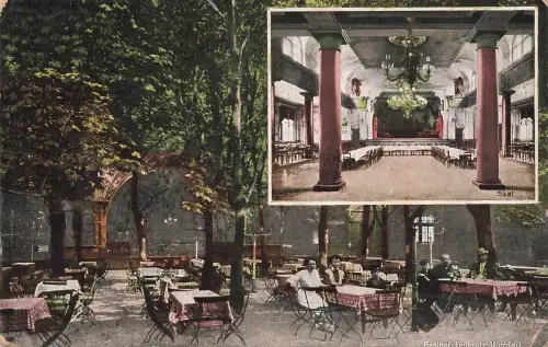 AK Leubnitz Werdau Gasthof Innenansicht Garten Sachsen 1917 gelaufen Postkarte