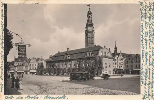 AK Bunzlau Bolesławiec Rathaus Tabakgeschäft Schlesien 1932 gelaufen Postkarte