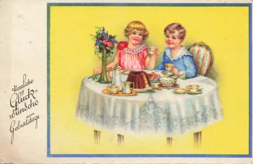 AK Geburtstag Glückwünsche Mädchen Kaffeetisch Kuchen 1935 gelaufen Postkarte