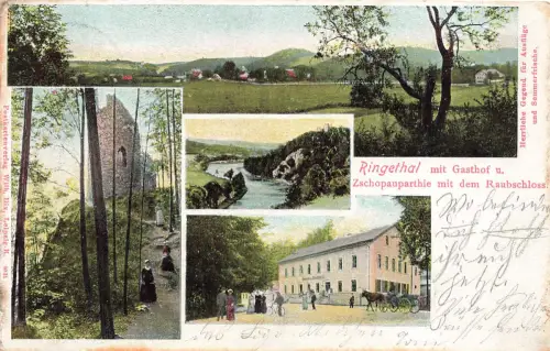 AK Ringethal Stadtpanorama Gasthof Raubschloss Sachsen 1907 gelaufen Postkarte
