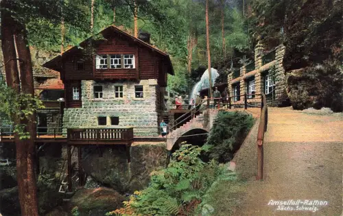 AK Amselfall-Rathen Wasserfall Gaststätte Sächsische Schweiz Sachsen Postkarte