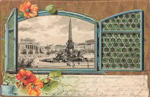 AK Leipzig Augustusplatz Mendebrunnen Sachsen 1902 Fensterkarte geprägt