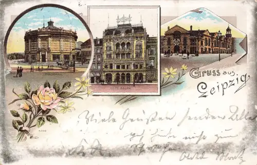 AK Leipzig Cafe Bauer Markthalle Panorama Sachsen 1899 gelaufen Postkarte Litho