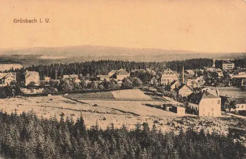 AK Grünbach Stadtpanorama Ortsansicht Sachsen Vogtland 1918 gelaufen Postkarte