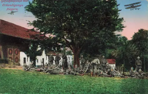 AK 1.WK Gefechtspause mit Erkundungsfliegern Soldaten unter Baum 1915 Patriotika
