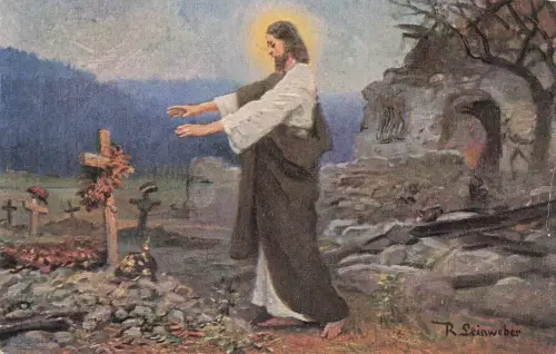 AK 1.WK Jesus am Soldatengrab Pickelhaube Grabkreuz 1916 Patriotika Postkarte