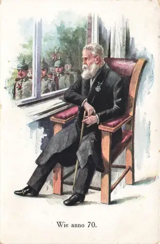 AK 1.WK Kaiser Wilhelm Wie Anno 70 Soldaten am Fenster 1915 Patriotika Postkarte