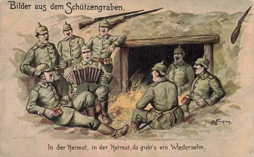AK 1.WK Bilder aus dem Schützengraben Ziehharmonika 1915 Patriotika Postkarte