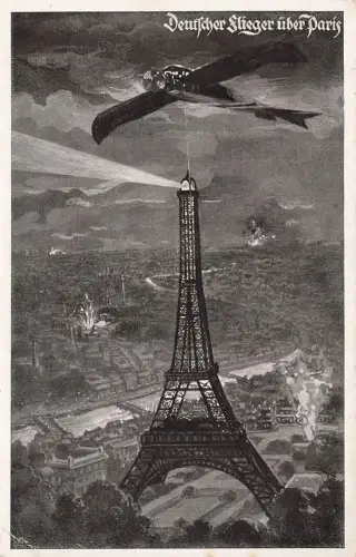 AK 1.WK Deutscher Flieger über Paris 1916 gelaufen Patriotika Postkarte
