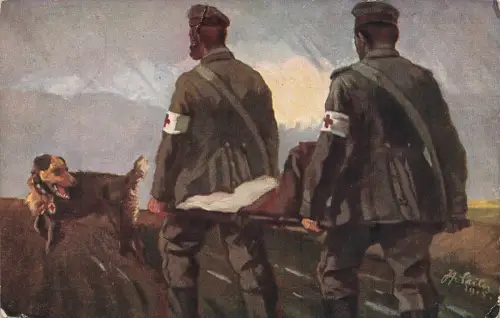 AK 1.WK Rotkreuz Sanitäter Verwundeten Transport Helferhund 1915 Patriotika