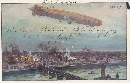 AK 1.WK Zeppelin Bombardement Stadt Angriff Luftschiff Patriotika Postkarte