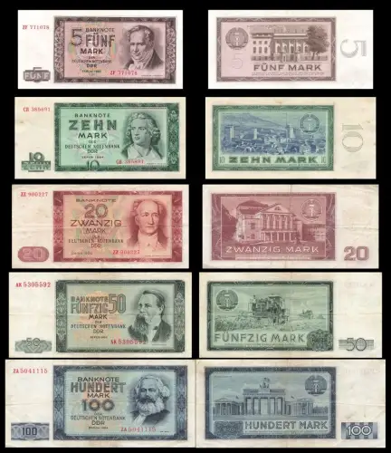 Orig. DDR Banknoten Satz 5, 10, 20, 50 und 100 Mark 1964