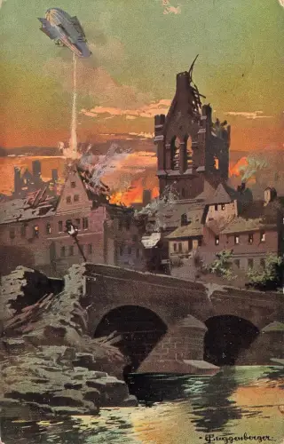 AK 1.WK Zerstörte Festung Luftangriff Zeppelin brennende Stadt 1915 Patriotika