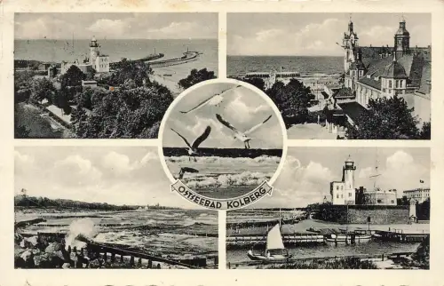 AK Ostseebad Kolberg Collage Leuchtturm Hafen Pommern 1938 gelaufen Postkarte