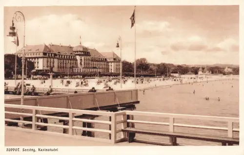 AK Zoppot Ostseebad Kasino Hotel Seesteg Pommern ungelaufen Postkarte