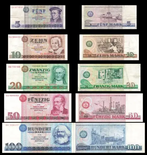 DDR Banknoten Satz 5 ,10, 20, 50 + 100 Mark 1971 bis 1975