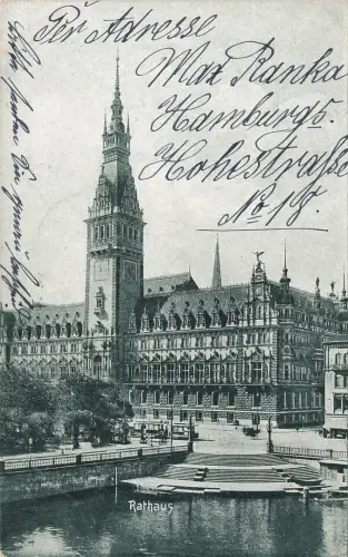 AK Hamburg Rathaus Straßenbahn Hamburg 1907 gelaufen Postkarte