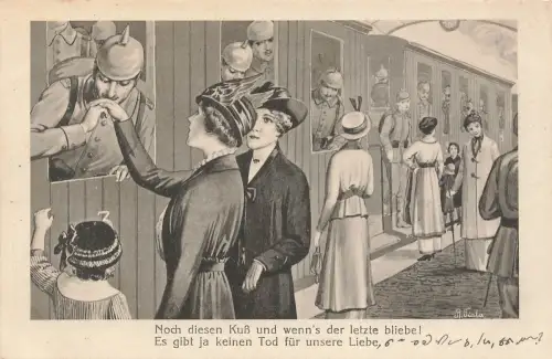 AK 1.WK Abschied am Bahnhof Soldat küsst Dame am Zug Patriotika Postkarte