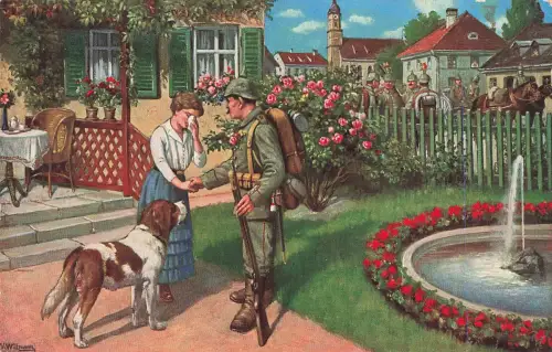 AK 1.WK Kriegers Abschied Völkerkrieg 1914/15 Frau weint Hund Patriotika
