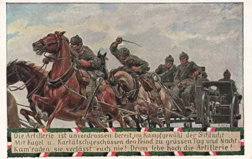AK 1.WK Deutsche Attelerie im Gefecht Geschütz Pferdegespann Patriotika
