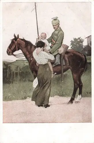 AK 1.WK Soldat Abschied Frau und Baby Pferd Patriotika Postkarte