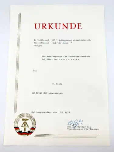 DDR Urkunde Wettbewerb 1977 Arbeitsgruppe für Verkehrssicherheit Bad Tennstedt