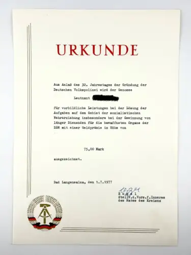 DDR Urkunde 32. Jahrestag der Deutschen Volkspolizei für vorbildliche Leistungen