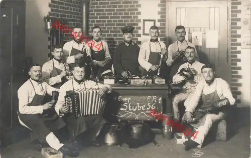 Fotokarte 1.WK Soldaten Eisenbahn-Regiment 1 Ausrüstungsdienst Schöneberg Berlin