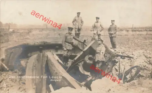 Fotokarte 1.WK deutsche Soldaten am zerstörten Fort Loucin Belgien