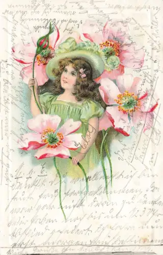 AK Mädchen mit Mohnblüten Frauenmotiv romantisch 1905 Postkarte geprägt