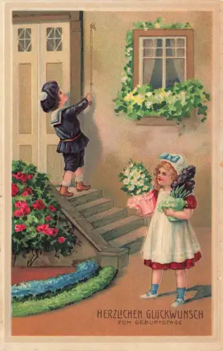 AK Geburtstag Herzlichen Glückwunsch Blumenmädchen Geburtstagsszene 1913 geprägt