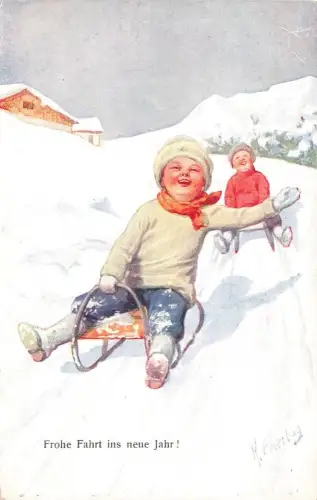 AK Neujahr Frohe Fahrt ins neue Jahr Schnee Kinder Schlitten Postkarte geprägt