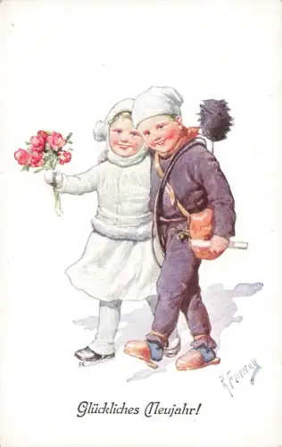 AK Neujahr Kind mit Blumen Schornsteigfeger K. Feiertag Postkarte 2989-1
