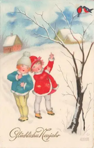 AK Glückliches Neujahr Kinder Schnee Winterlandschaft Rotkehlchen 1929 Postkarte