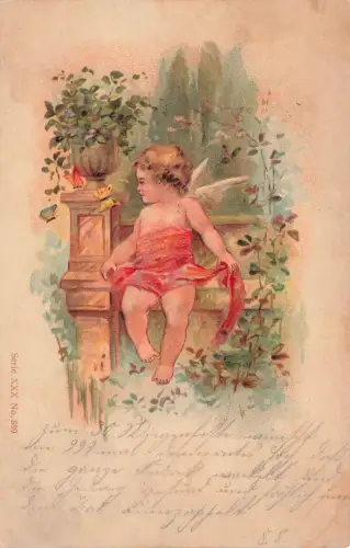 AK Puttenmotiv Engel mit Schmetterlingen Blumen 1902 Postkarte geprägt