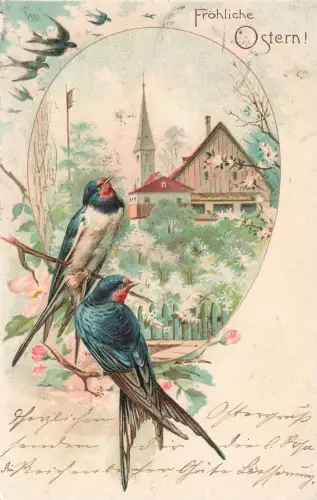 AK Ostern Fröhliche Ostern Schwalben Dorfkirche Frühling 1902 Postkarte