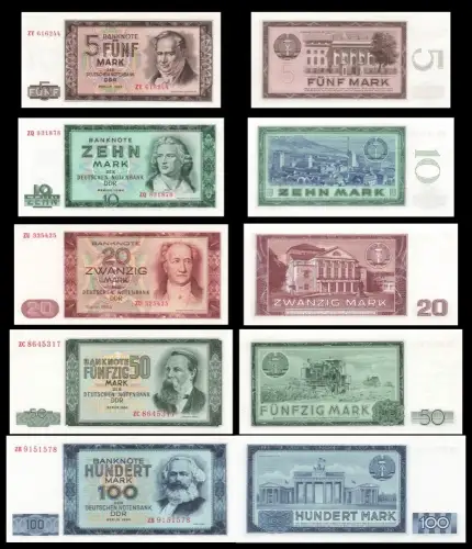 DDR Banknoten Satz 5-100 Mark 1964 Ersatznoten Kassenfrisch / UNC Original