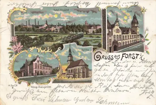 AK Forst Total Amtsgericht Kirche Brandenburg Lausitz 1899 Mondscheinkarte Litho