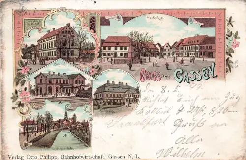 AK Gassen N.L. Lebus Jasień Bahnhof Markt Lubispartie 1899 Postkarte Litho