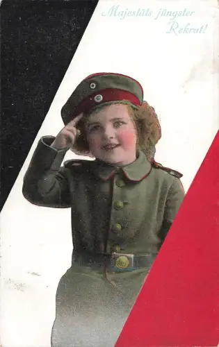 AK 1.WK Majestäts jüngster Rekrut Kind Uniform Reichsfarben 1916 Patriotika