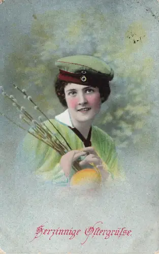AK 1.WK Ostern Herzinnige Ostergrüße Studentika Weidenkätzchen 1916 Patriotika