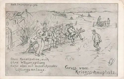 AK 1.WK Kriegsschauplatz Soldaten auf Latrine Soldatenhumor Patriotika Postkarte
