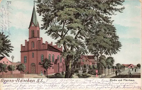 AK Groß-Räschen Kirche Pfarrhaus Brandenburg Niederlausitz 1913 Postkarte