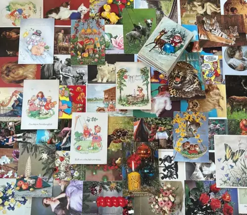Lot / Konvolut 100 AK Postkarten Kitsch Kinder Glückwunsch Witz Tiere 1950