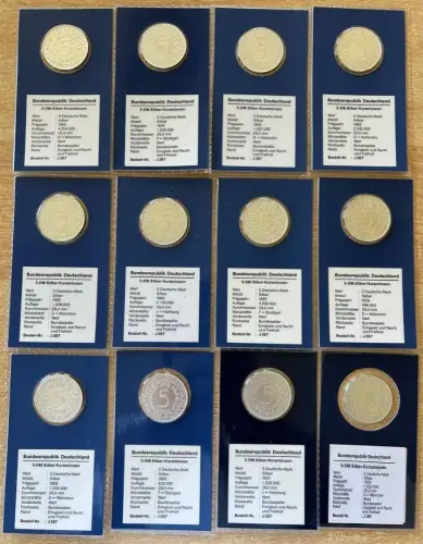 12 Stück 5 DM Silberadler Münzen 1956 - 1965 Silber 625