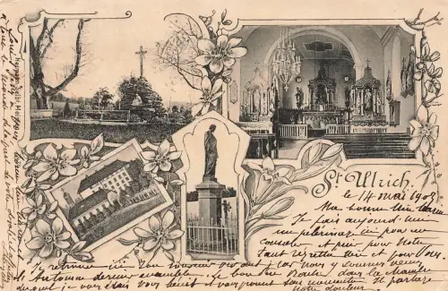 AK St. Ulrich Kirche Altarraum Friedhof Kirchengebäude Frankreich 1903 Litho