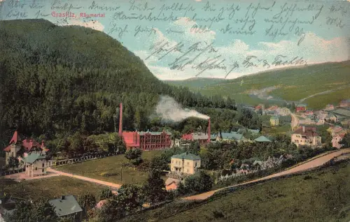 AK Graslitz Kraslice Räumertal Industrieanlage Böhmen 1910 gelaufen Postkarte