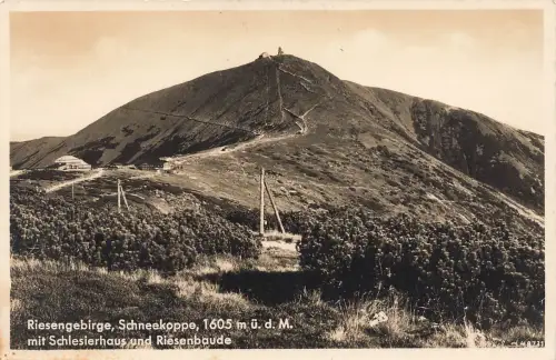 AK Riesengebirge Schneekoppe Schlesierhaus Riesenbaude Schlesien Postkarte