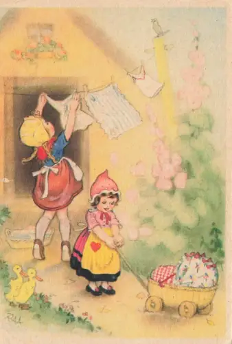 AK Kinder Mädchen Puppenwagen Wäsche Enten Postkarte